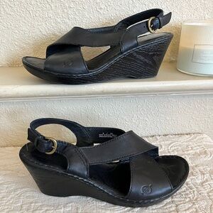 Born Emmy Platform Wedge Sandals Black Leather Size 8